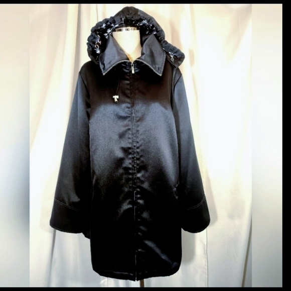 dennis basso Jackets & Blazers - Dennis Basso Midi Trench Women,Navy Blue Satin Detachable Hood ZipUp, Pckts,M